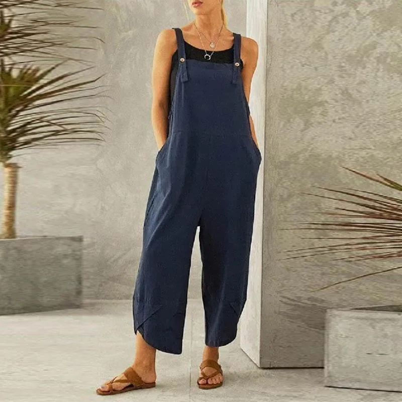2022 Casual Women Ankle-Length Overalls Outdoor Solid Sleeveless Loose Wide Leg Jumpsuits Pants Quality Female Button Trousers