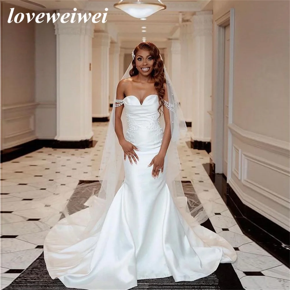 

Mermaid Wedding Dresses With Off The Shoulder Beads Wedding Gown Short Sleeves Bridal Dress Stain Pearls Vestido De Noiva
