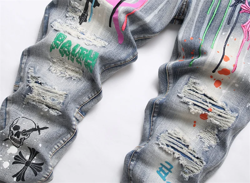 Men's Colorful Graffiti Printed Jeans Y2K Colorful Slim Fit Tapered Elastic Casual Pants Fashion Street Clothing Small Foot Pant
