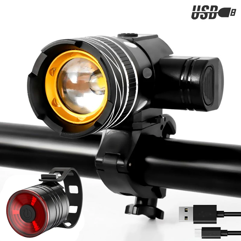 

Комплект велосипесветильник фар T6 с регулируемым зумом светильник РА велосипеда, велосипедная фара, 2000 мАч, зарядка через USB, с задним фонар...