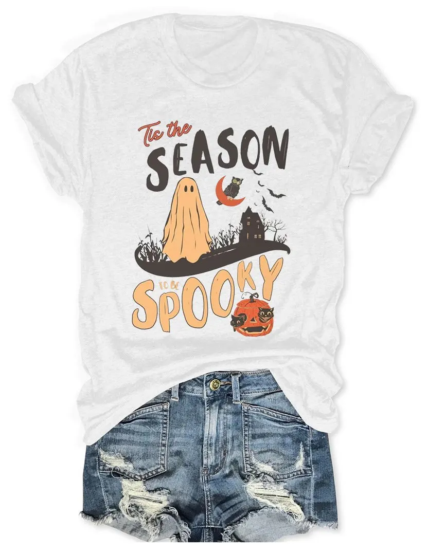 

Teeteety Womens High Quality 100% Cotton Halloween Tis The Season Spooky Printed Graphic O-neck T-shirt