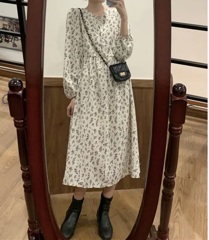 

Women Dress New Bottomed Skirt Autumn Floral French Small Long Sleeved Dress Women's Winter Nuyoah