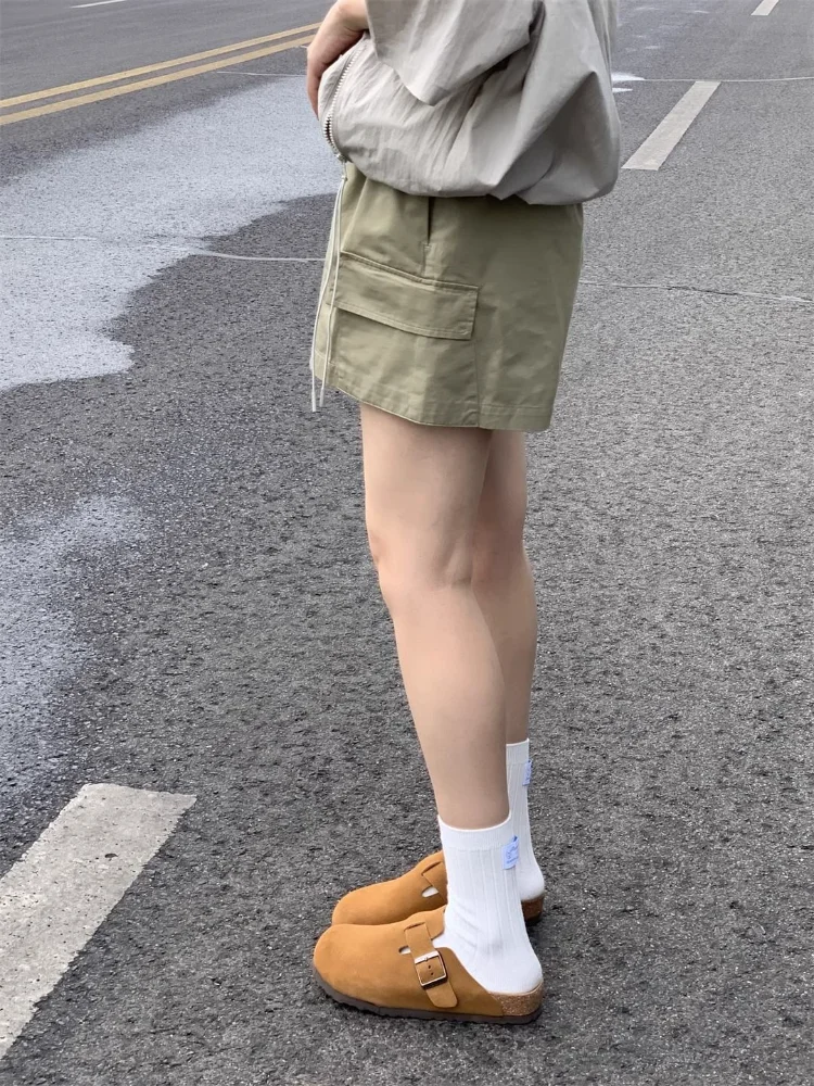 HOUZHOU Cargo Shorts Women Vintage Japanese Style Casual Baggy Black White Short Pants High Waist Short Female Summer Streetwear