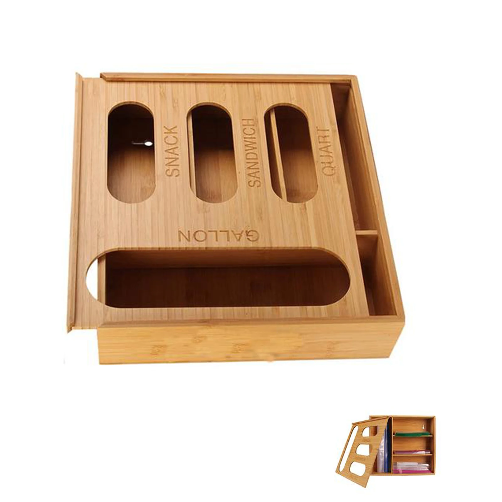 

Bamboo Ziplock Bag Storage Organizer And Dispenser For Kitchen Drawer Gallon Sandwich And Snack Different Sizes Ziplock Bags