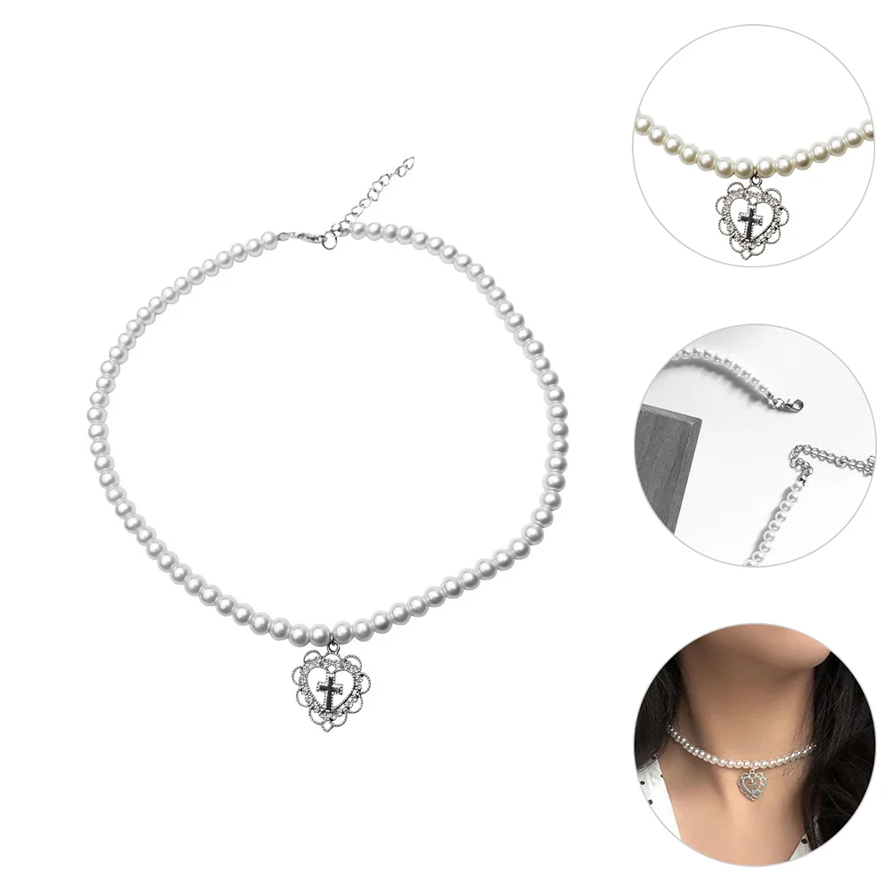 

Pearl Necklace Cross Heart Pendant Neck Chain Clavicle Chain Neck Jewelry