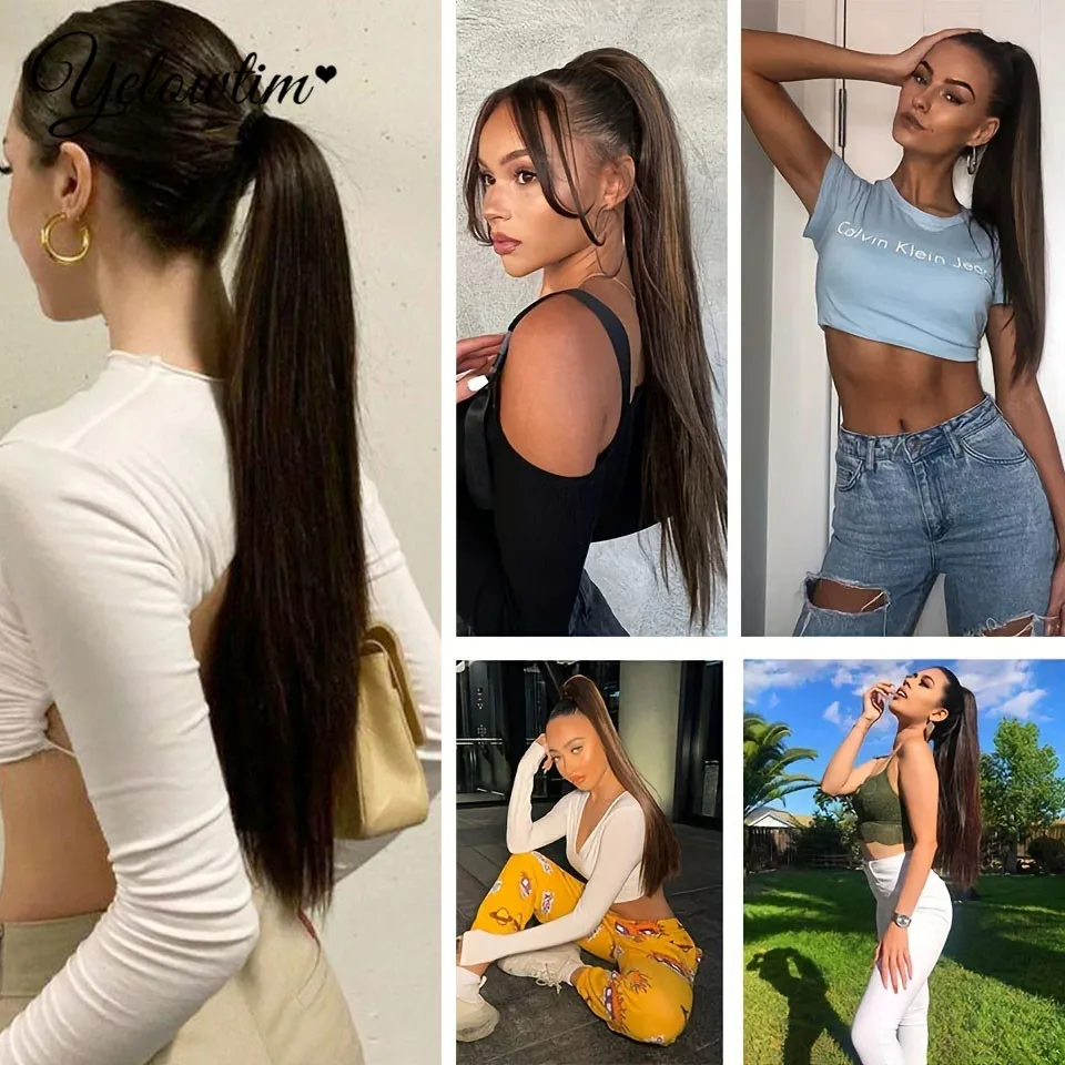 Синтетические длинные прямые волосы на заколке для наращивания хвоста