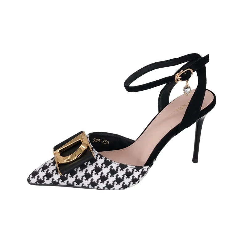 

2022 new small fragrant wind houndstooth bow bow pointed stiletto high-heeled shoes female one-word buckle back empty sandals