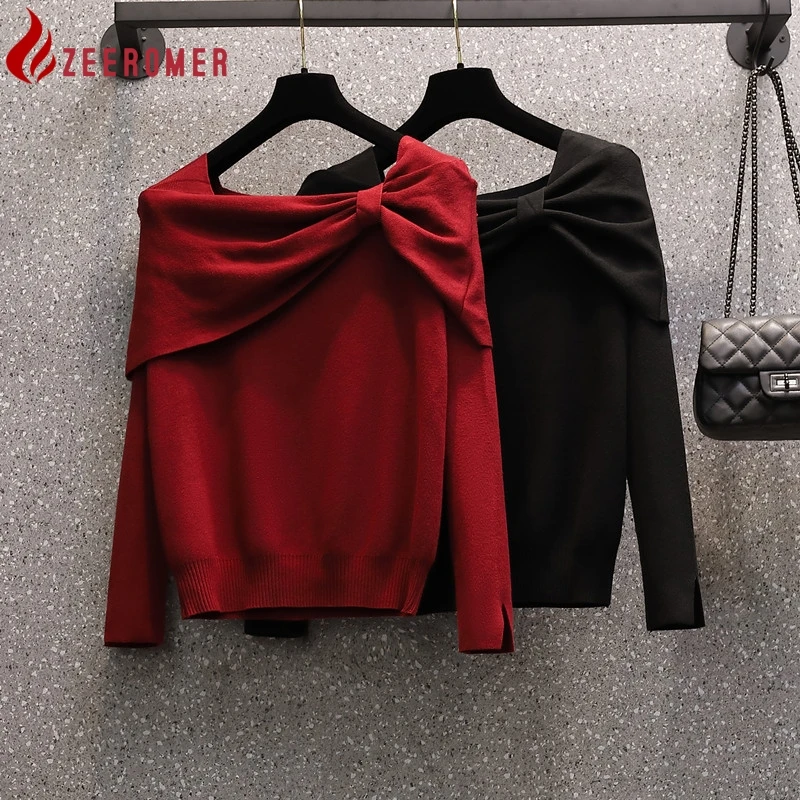 

2022 Autumn Winter Elegant Knitted Pullovers High Quality Women Square Collar Bow Long Sleeve Soft Warm Loose Sweater Tops L-4XL