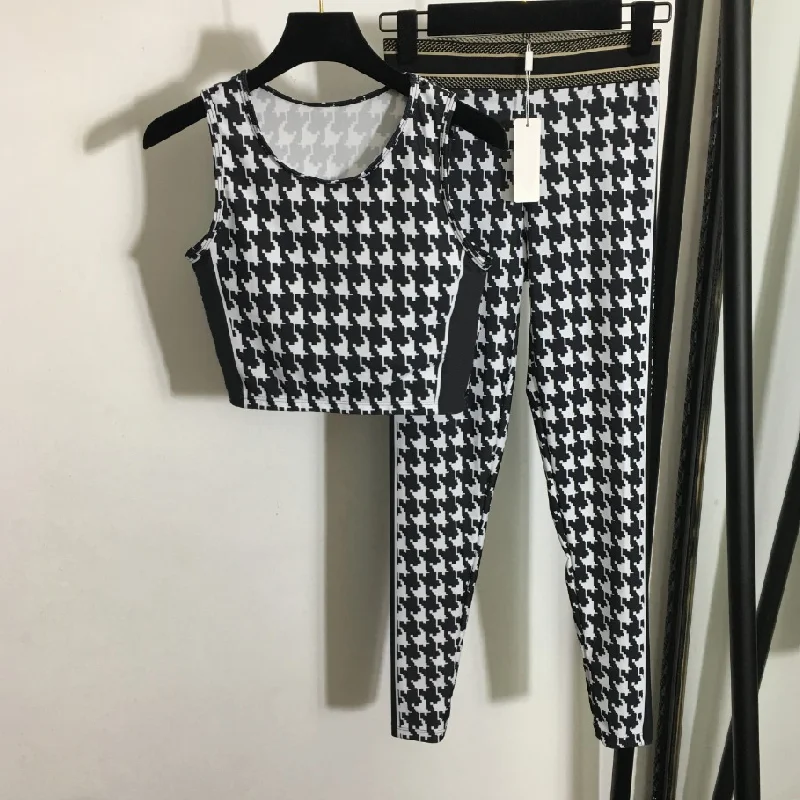 

new women's sports suit fashion classic thousand bird check vest women's top + temperament side letter printing elastic Leggings