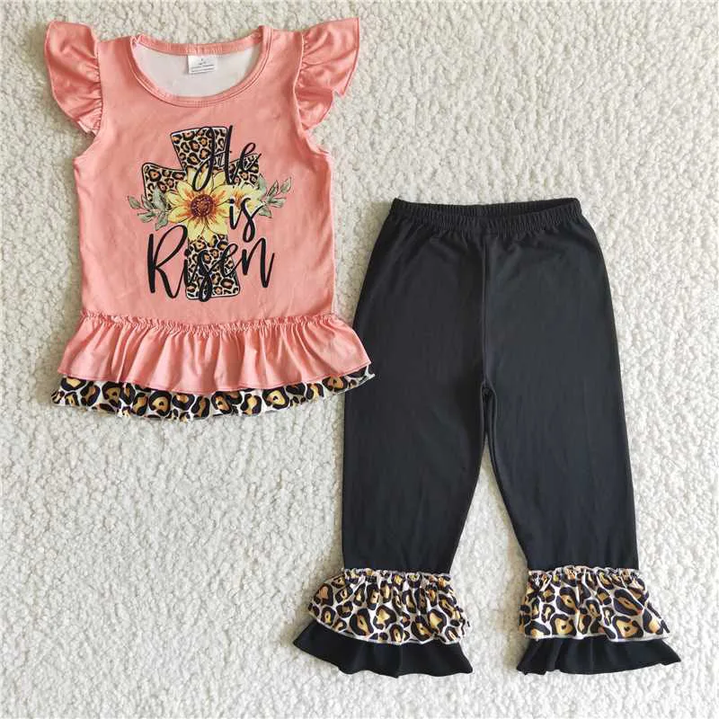 

New Spring Summer fashion Kids Girl fly sleeve black Flare Pants wholesale Western Design boutique Outfits