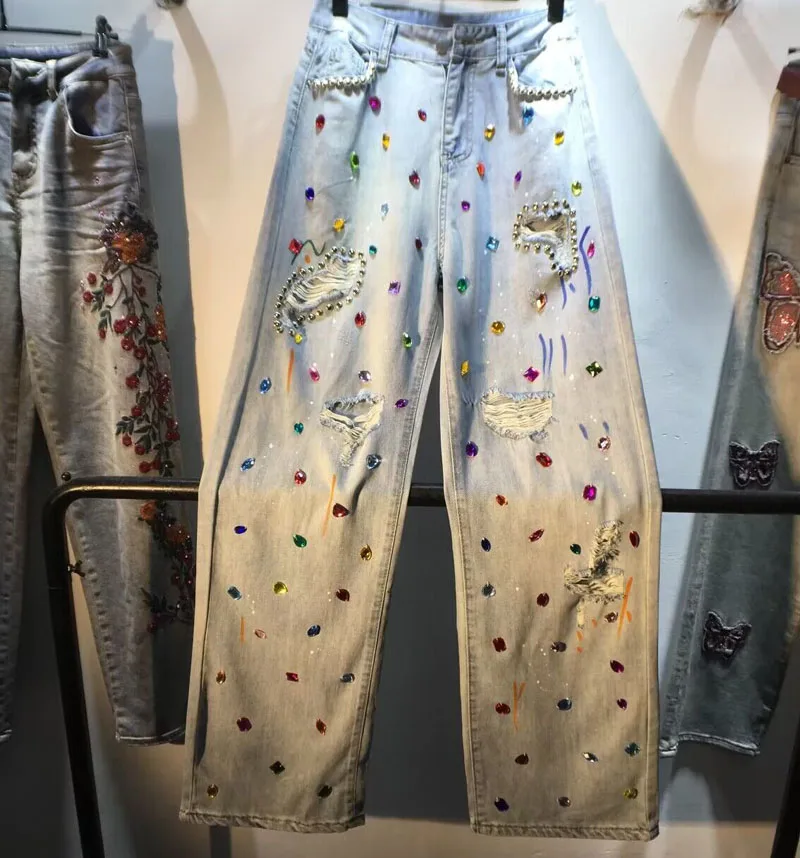 

2023 New Spring Summer Straight Pants for Women Diamonds Beading High Waist Hole Long Denim Trousers Casual Female Jeans