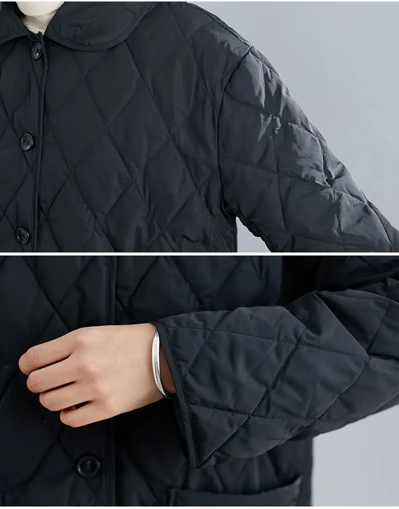 Down Padded Jacket Women's Winter New Large Size Padded Jacket Fat Mm Loose and Thin Rhombus Temperament Mid-length Coat Women