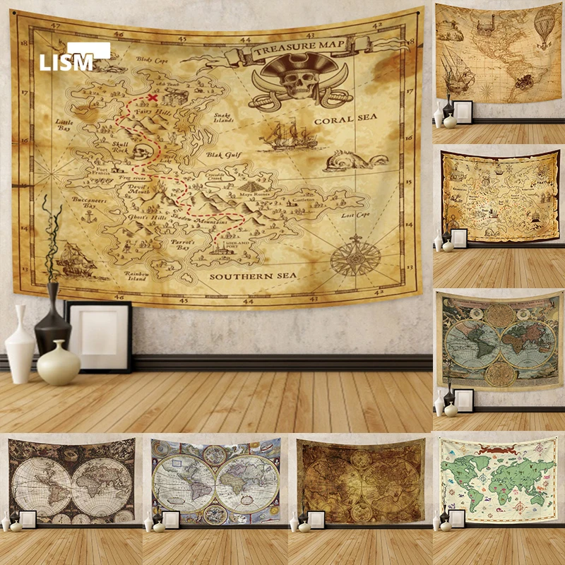 

Tapestry Retro World Map Pirate Wall Hanging Aesthetic High-Definition Art Fabric Trendy Yoga Beach Towel Study Room Home Decor