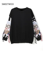 black long sleeve sweatshirts women patchwork print tassel pullover harajuku hoodie pullover women clothes new fashion tide chic