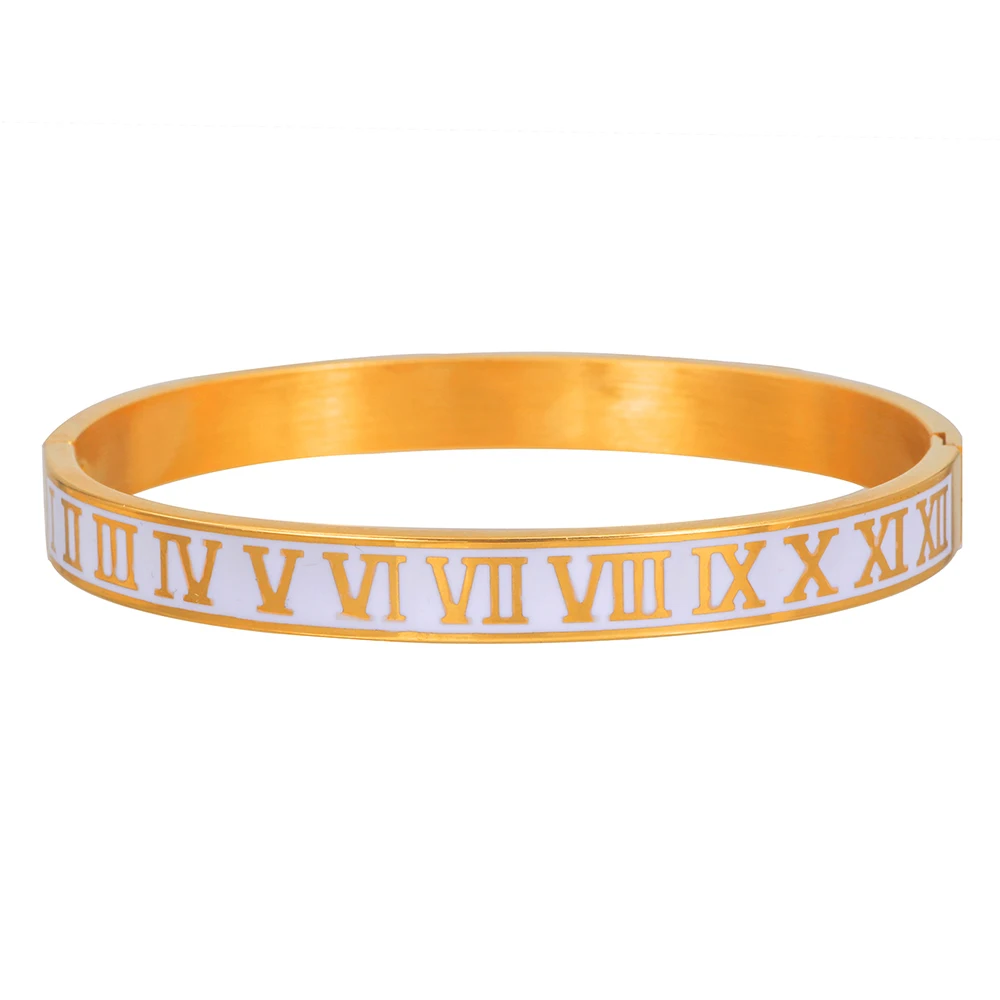 

Newest Roman Letter Bangles For Women White Enamel Gold Numeral Color Charm Cuff Bangles Stainless Steel Men's Bracelet Jewelry