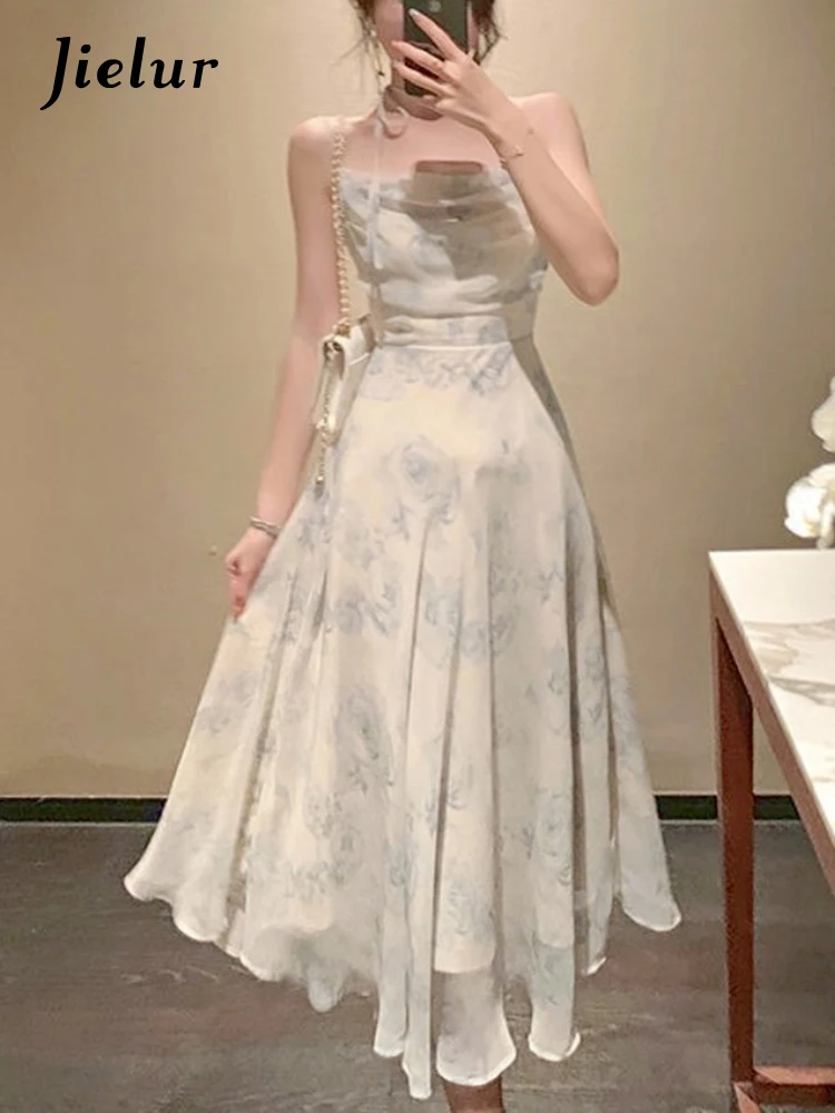 

Jielur Summer Party Midi Elegant Dress Women 2022 Strap Sexy Design High Wasit Vintage Casual Sleeveless Chiffon Sweet Dress