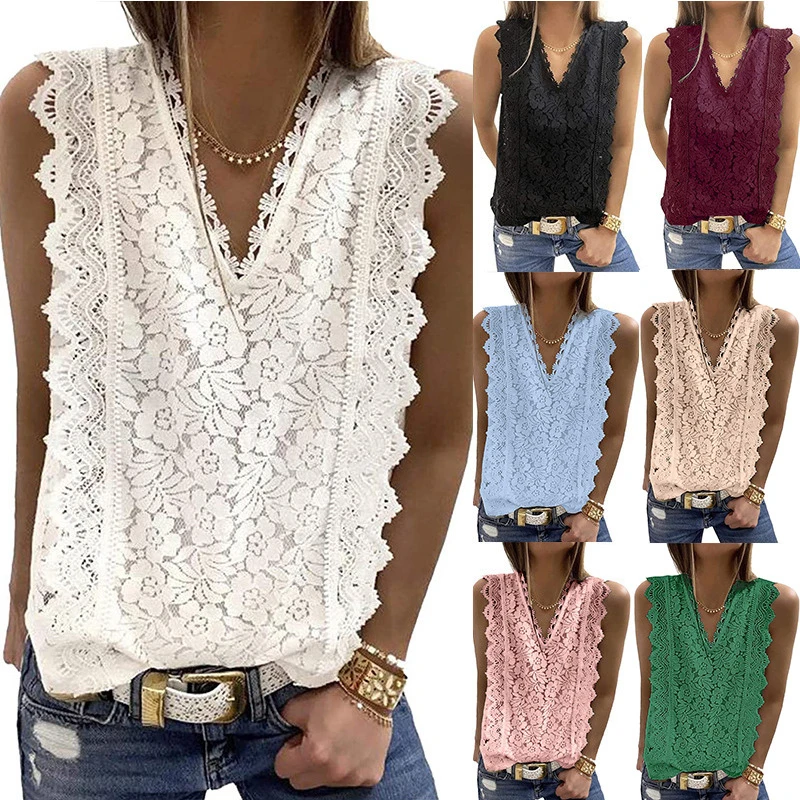 

Summer Solid Lace Sleeveless V-Neck T Shirt Women Fashion Sexy Shirt Hollow Party Shirt Tees Plus Size Hot Tanks Top Halter Top