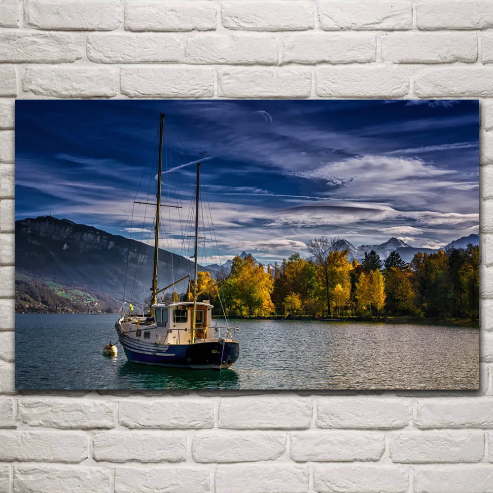 

Thunersee, горы, озеро, осень, парусник, вечерняя ткань, плакаты на стену, картина, гостиная, украшение для дома, искусство KR169