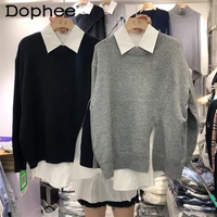 2022 spring and autumn new korean style loose zip slit pullover knited sweater basic white shirt womens fashion two piece sets