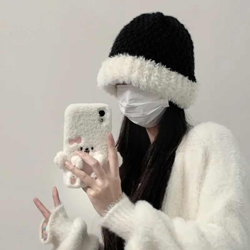 All Women's New Japanese Beanie Hat Autumn Winter Hat Girl Ski Plush Hat Warm Solid High-Quality Cute ear Hat Knitting Sombrero