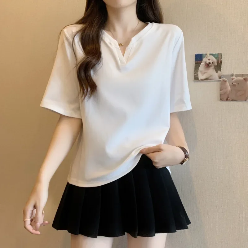 Белая футболка из чистого хлопка женская летняя свободная с короткими рукавами