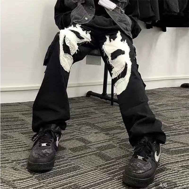 Men and Women Hip Hop Oversize Elastic Waist Overalls Loose Streetwear Trousers Skull Embroidery Pockets Cargo Pants Harajuku