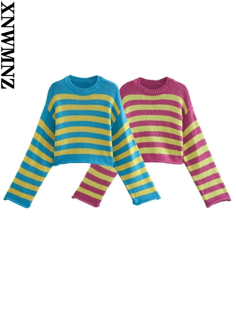

XNWMNZ 2022 Women Fashion Striped Knit Tops Woman Round Neck Long Sleeves Casual All-match Female Chic Knit Pullovers