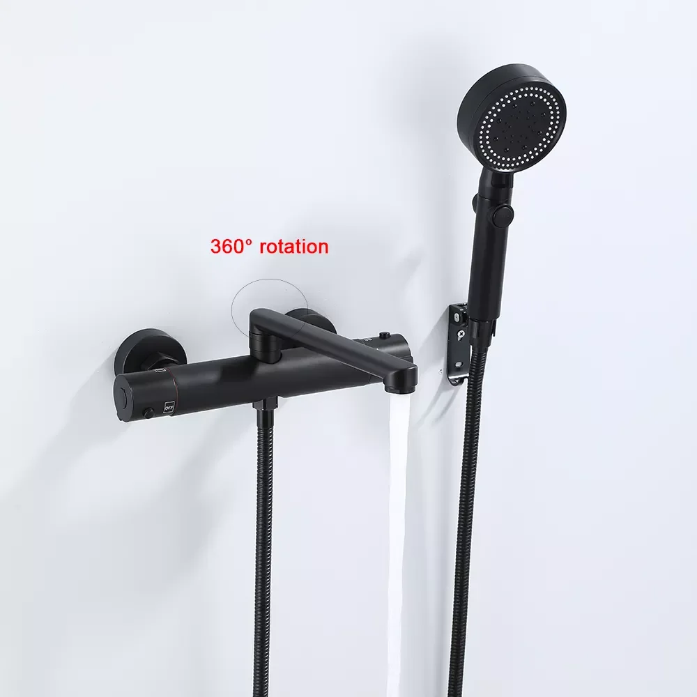 

Wall Mounted Bathtub Faucet Two Function Long Spout Thermostatic Bathroom Shower Tap Cam Rotated Multifunctional Handheldshower