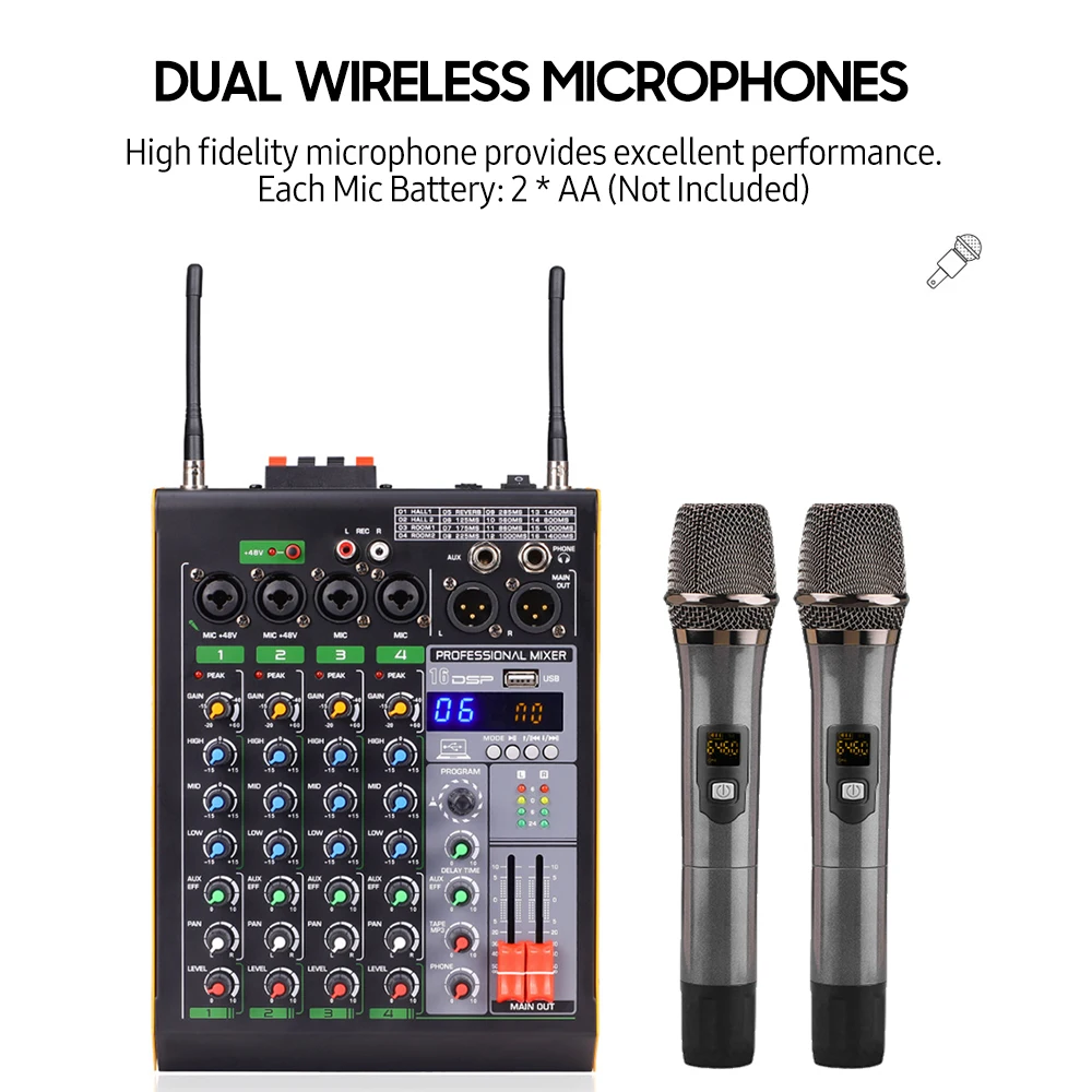 

4-Channel BT Audio Mixer with 2 Wireless Microphones LED Digital Mixing Console with DSP Recording Function for Performance