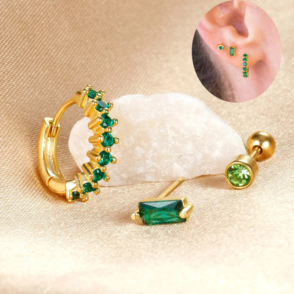 

3pcs/set Stainless Steel Green Zircon Hoop Earring for Women Korean INS Stud Earring Wedding Piercing Jewelry Pendientes Brincos
