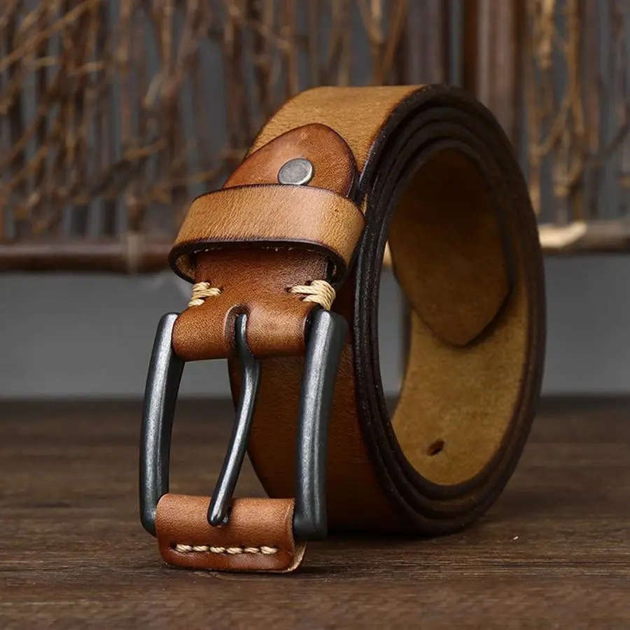 3.8CM Washed Vintage Old Leather Belt Men's Leather Needle Buckle Layer Cowhine Simple Casual Denim Belt