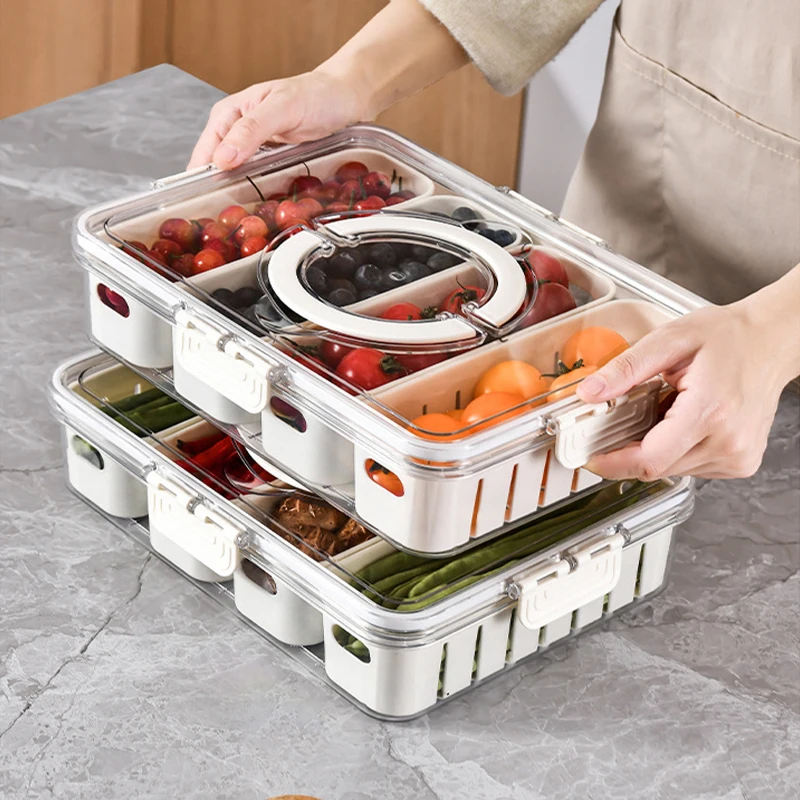 

Kitchen Food Storage Box Refrigerator Fresh-keeping Box Portable Fruit Vegetable Meat Storage Containers with Drain Compartment