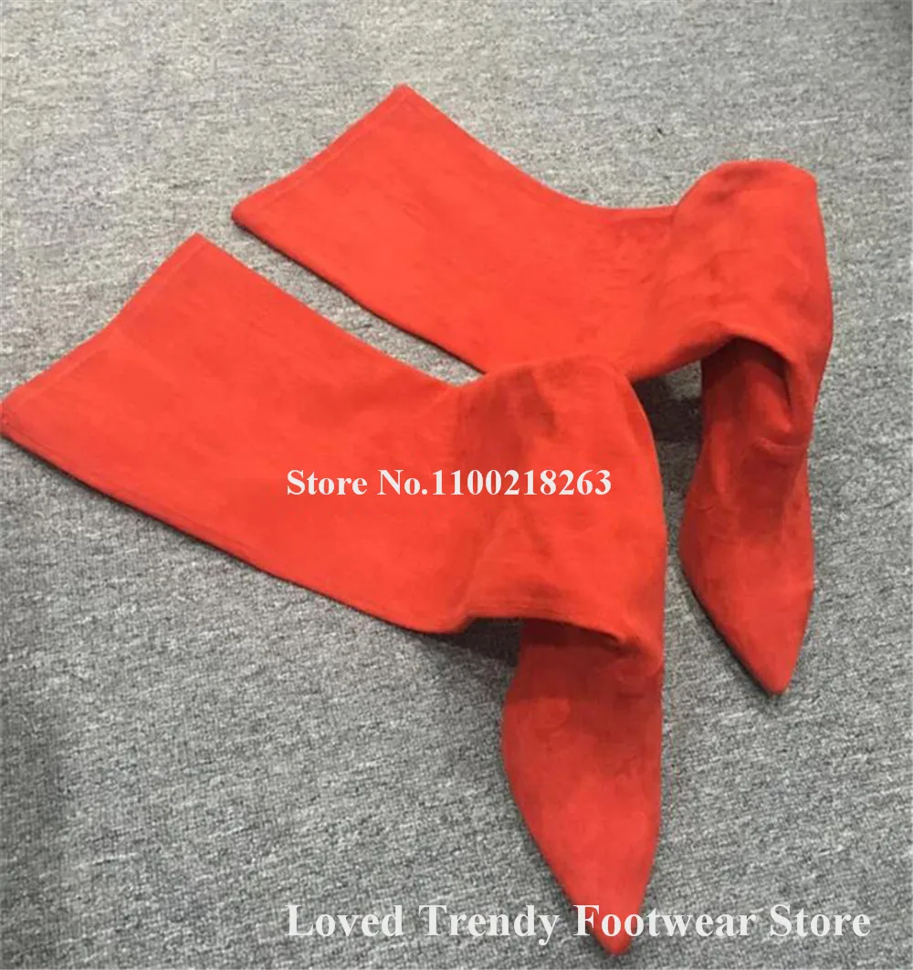 Элегантные женские замшевые сапоги выше колена на шпильке с острым носком