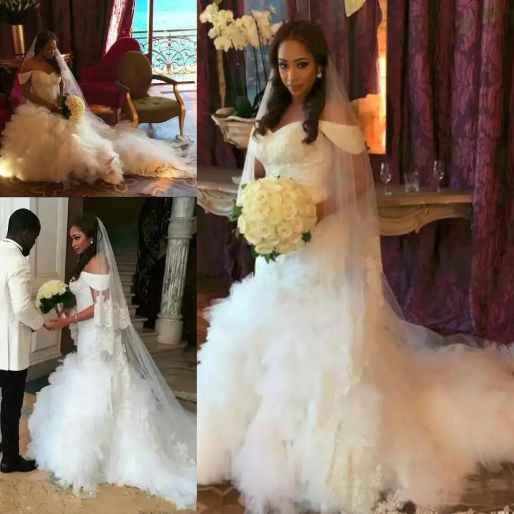 

African Plus Size Wedding Dresses Off Shoulder Tulle Tiered Skirt Mermaid Wedding Dress Tulle Crystal Beads Beach Bridal Gowns