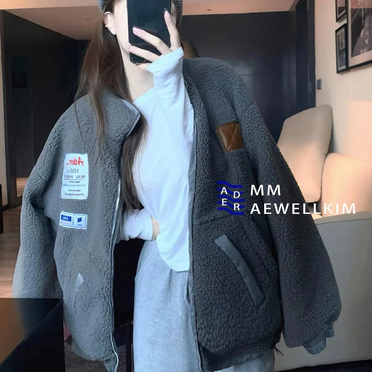 Ader error Lamb wool coat Autumn and winter men and women thickened fleece stand collar cotton padded clothes on both sides