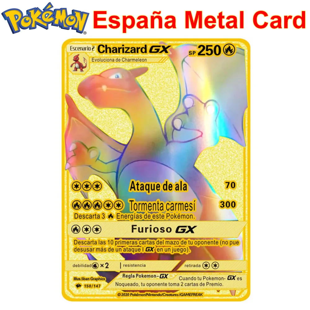 

Spanish Pokemon Letters Metal Cards GX SP España Charizard Gold Iron Card Pikachu Collection V VMAX Original Game Kids Toy Gift