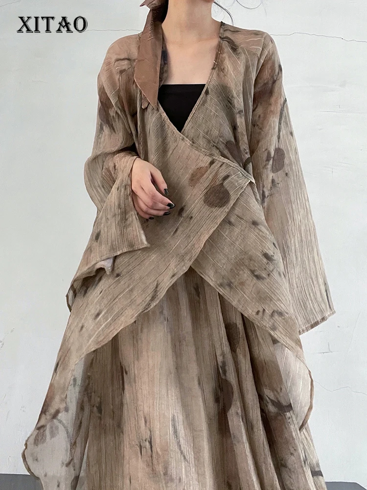 

XITAO Vintage Irregular Lace-up Shirt Cardigan Loose Fashion Print Slit Long Sleeve V-neck Women Long Top 2023 Autumn HQQ0924