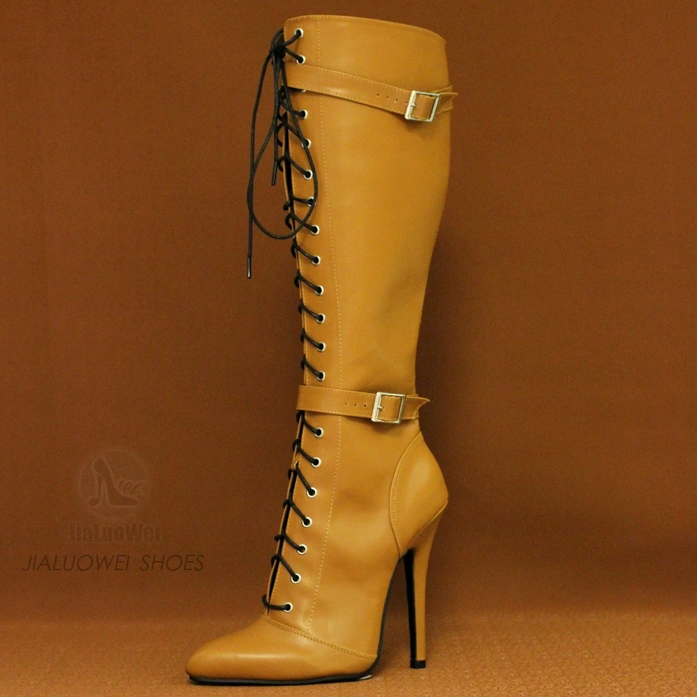 14CM High Heel retro Vintage Style Pointed Toe Stiletto Buckle Strap Lace-up Women Knee-high Boots