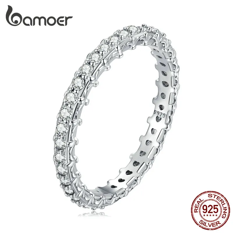 Bamoer 925 Sterling Silver Simple Stackable Rainbow Cubic Zircon Ring for Women Fine Jewelry Wedding Band Promise Ring BSR277