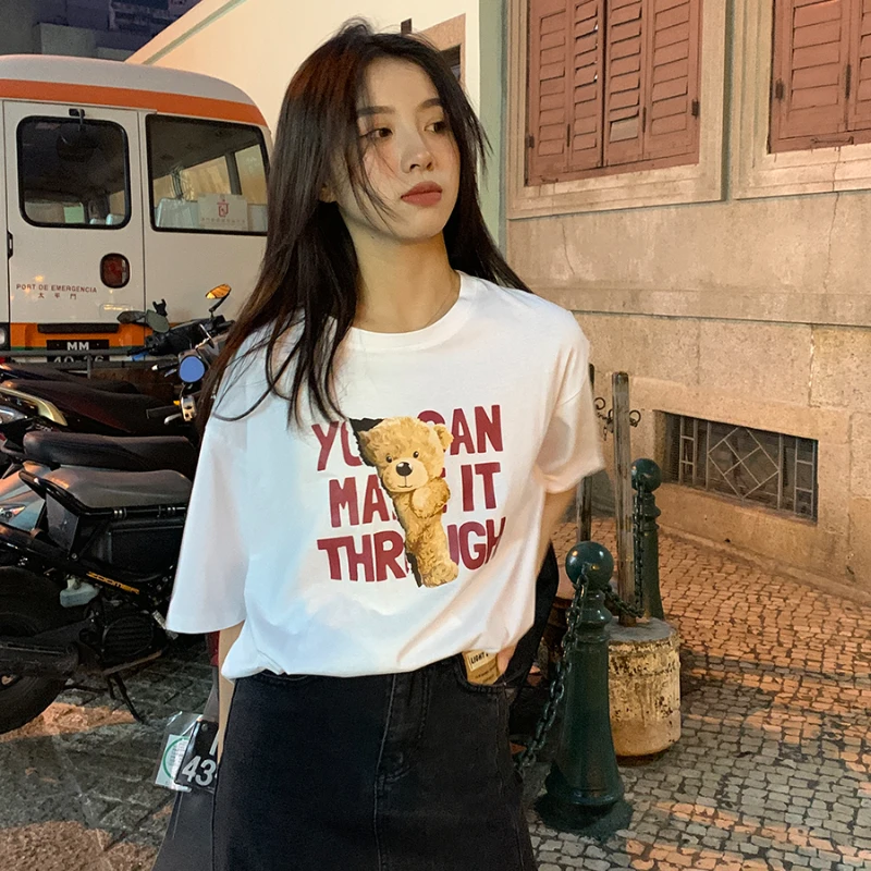 

Estceque New White Bear T-shirt Women with Letter Short-sleeved O-neck Simple Casual T-shirt for Woman Summer Y2k Aesthetic 2022