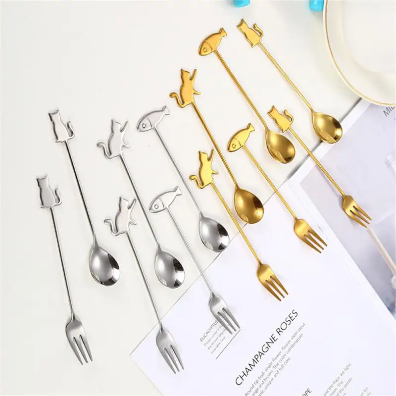

304 Stainless Steel Cartoon Cat Spoon Fork Long Handle Coffee Tea Dessert Snack Ice Cream Spoon And Fork Utensils For Kitchen