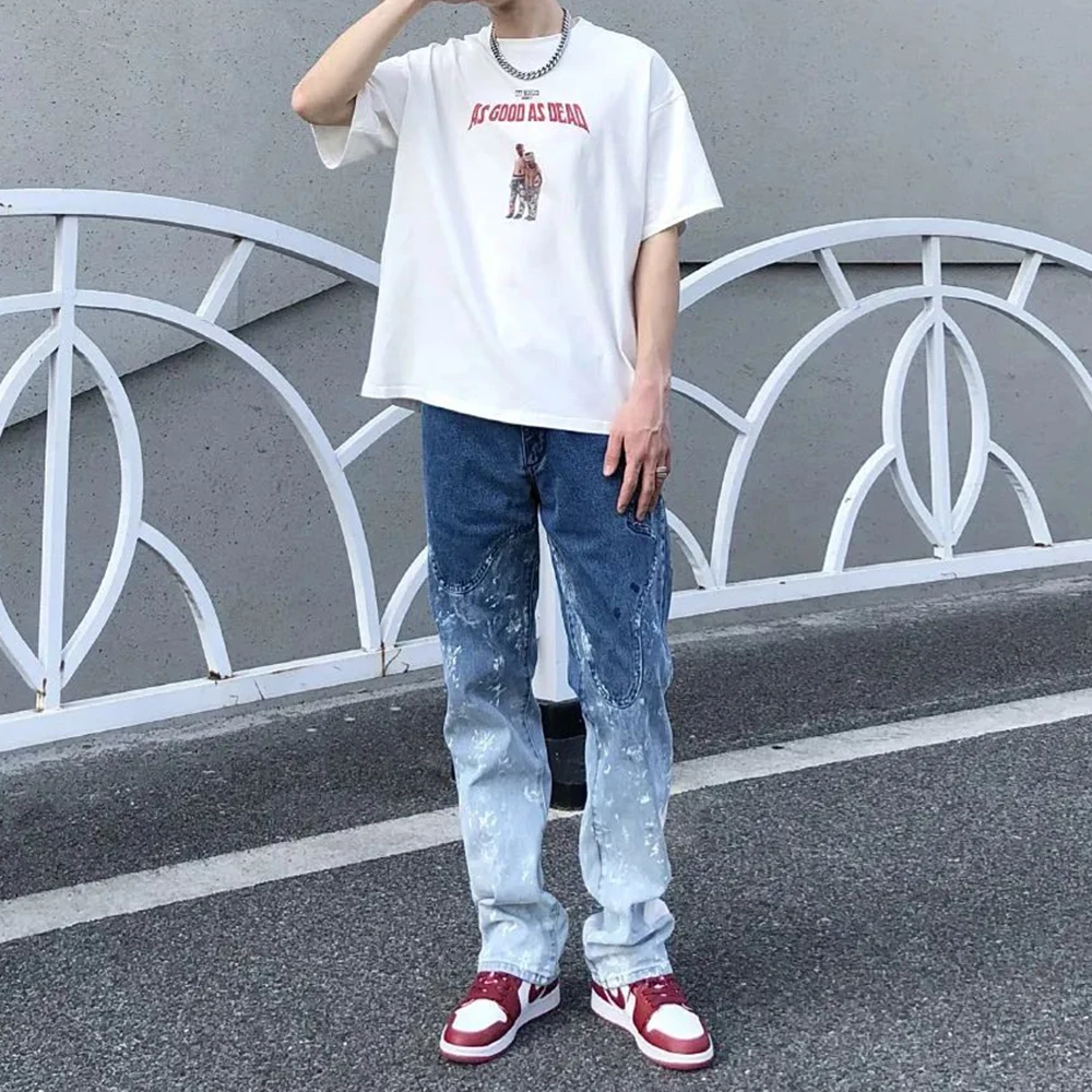 American Street Gradient Splashed Ink Graffiti Jeans Men's Tide Brand Straight Leg Loose Old Washed Retro Casual Pants Trousers