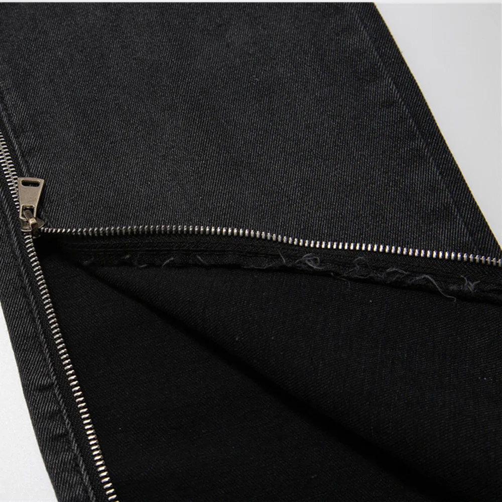 2022 New Streetwear Casual Hole Baggy Jeans Men's Korean Style Hip Hop Straight Side Zipper Trousers Couple Denim Pants Black