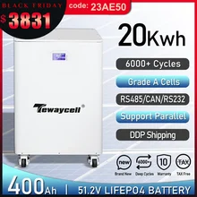 Tewaycell 400Ah 20KWh 48V Lifepo4 Battery 51.2V Powerwall 6000+Cycles RS485 CAN 16S BMS Mobile ESS Solar System NO TAX