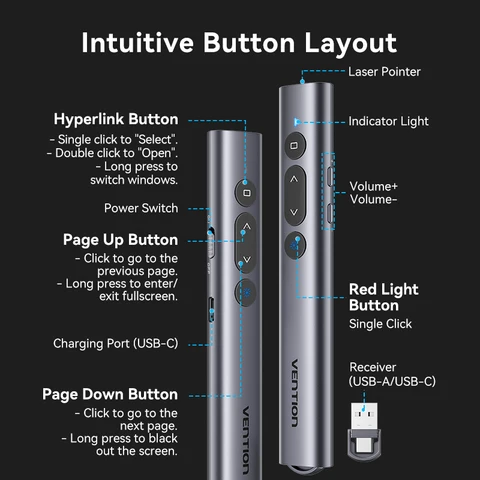 Беспроводная лазерная указка Vention, 100 м, 2,4 ГГц, USB type C