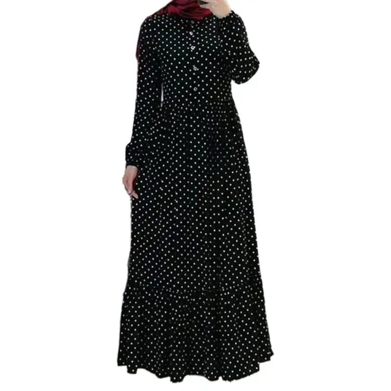 

Womens Muslim Lantern Sleeves Maxi Long Swing Dress Polka Dot Print Buttons Pleated Ruffles High Waist Kaftan Abaya Hijab Islam