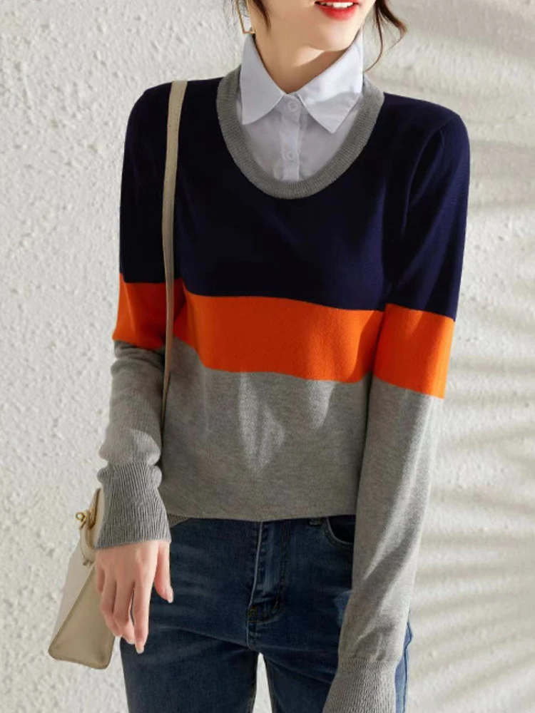 

BETHQUENOY Fashion Women Clothing 2022 Faux Two Piece Casual Pullovers Jumper Femme Hiver Truien Dames Color Block Knit Sweater