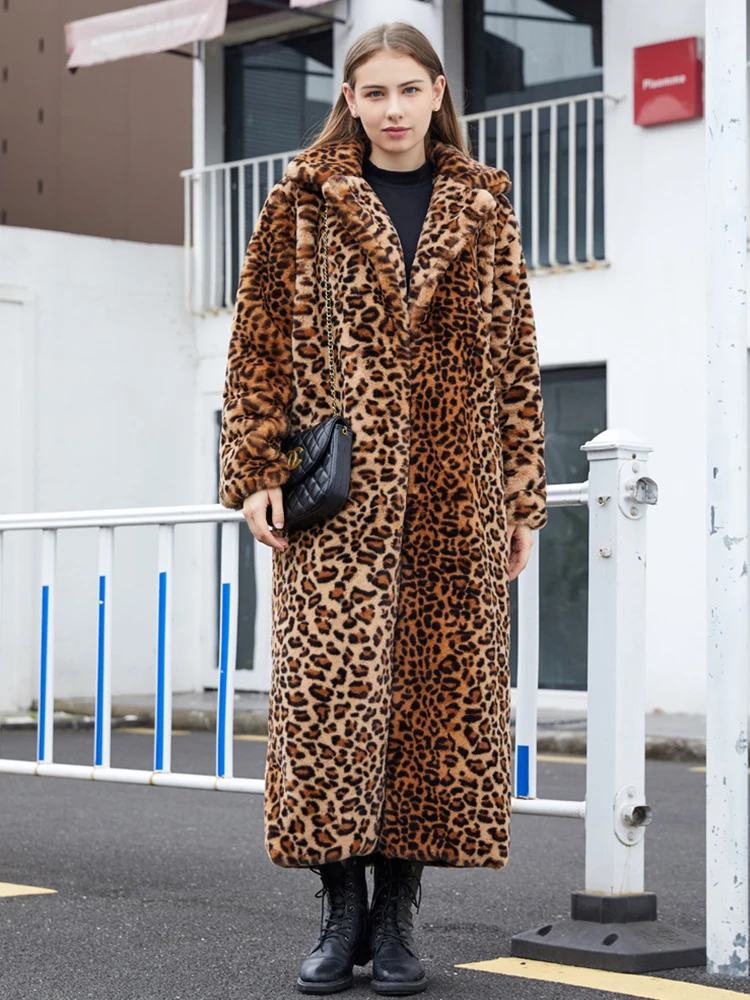 

Длинное меховое пальто с леопардовым принтом для женщин, зима 2023, утолщенное теплое Женское пальто из искусственного меха, Женское пальто, элегантное пальто