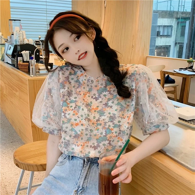 

Женская летняя хлопковая Футболка с цветочным принтом, с пышными рукавами