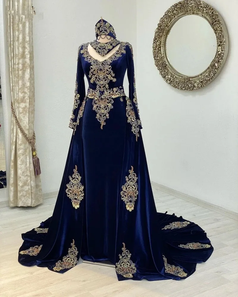 

Navy Blue Caftan Evening Dresses with Long Sleeve Beading applique valvet arabic dubai Kaftan Prom Dress Detachable Train